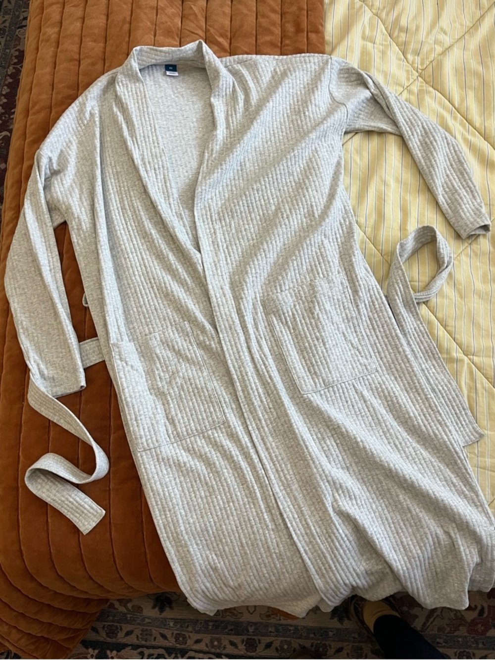 Rib-Knit Tie-Belt Long Robe for Women in Light Heather Gray with Pockets!!